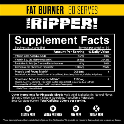 The Ripper! Shredding Thermogenic Fat Burner - Pineapple Shred 30 Servings | Advanced Fast Acting Thermogenic Pre-Workout, Appetite Suppressant for Men & Women